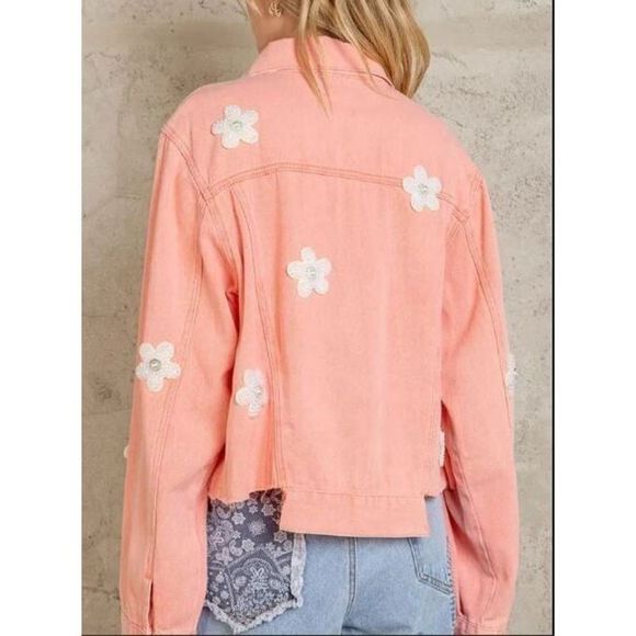 POL SMJ302A Women's Sz Medium Neon Papaya Beaded Pearl Daisy Denim Jacket - Picture 2 of 10